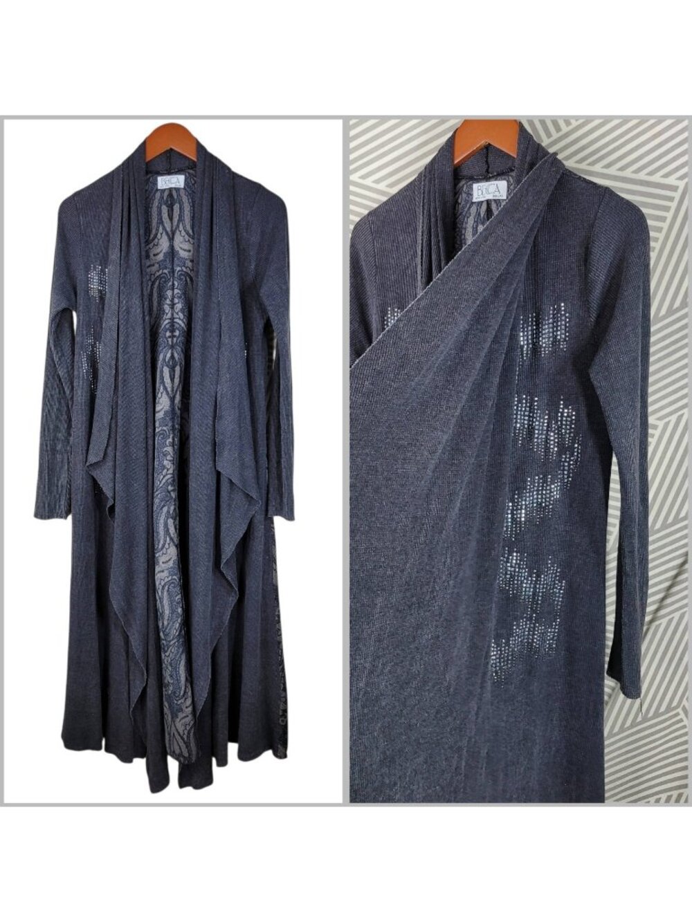 Vtg Waffle Knit Maxi Duster Cardigan Studded Medium Large XL Boho Western Y2K